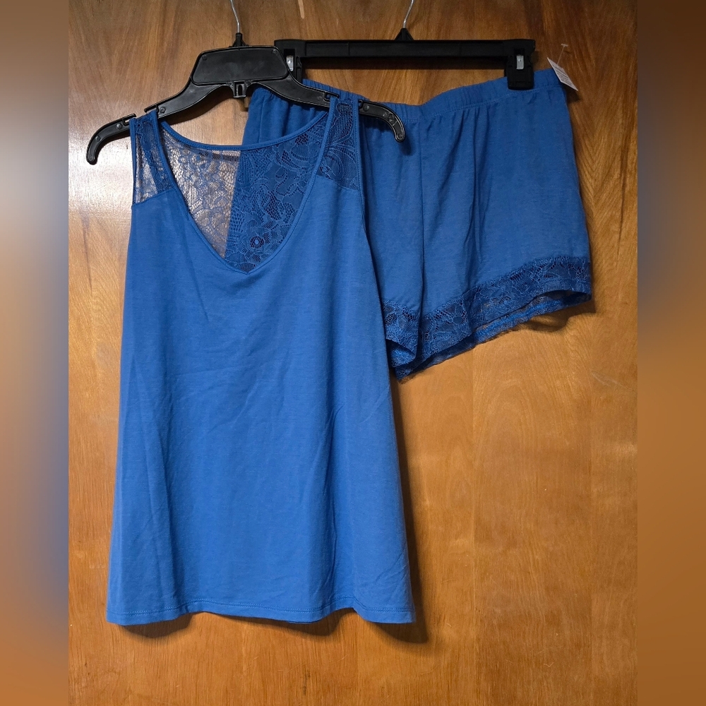 Flora Nikrooz Royal Blue Lace-Trim Tank & Shorts Pajama Set